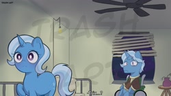 Size: 2048x1152 | Tagged: safe, artist:eltrash_art6, imported from derpibooru, jack pot, trixie, pony, unicorn, bed, bojack horseman, ceiling fan, clothes, commission, dementia, duo, duo male and female, fan, father and child, father and daughter, female, fridge horror, horn, male, mare, night, parody, sad, shirt, spoilers for another series, stallion, the implications are horrible, watermark, wheelchair