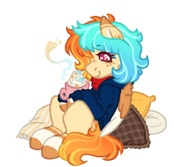 Size: 1042x1000 | Tagged: safe, artist:kazmuun, imported from derpibooru, oc, oc:caprisun fishes, pegasus, pony, clothes, coffee mug, female, mare, mug, pillow, simple background, solo, sweater, transparent background