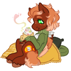 Size: 900x900 | Tagged: safe, artist:kazmuun, imported from derpibooru, oc, oc:golden flare, pegasus, pony, clothes, coffee mug, male, mug, pillow, simple background, solo, stallion, sweater, transparent background