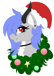 Size: 2122x2965 | Tagged: safe, artist:melodytheartpony, imported from derpibooru, oc, oc:melody silver, dracony, dragon, hybrid, pony, base, base used, beauty mark, bust, chest fluff, choker, christmas, ear fluff, ear piercing, eyelashes, female, feral, hat, holiday, horns, icon, long mane, makeup, ornaments, piercing, santa hat, simple background, sparkles, stars, white background, wreath