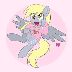 Size: 2048x2048 | Tagged: safe, artist:czscribbles, imported from derpibooru, derpy hooves, pegasus, pony, clothes, female, flying, hoof on cheek, mare, open mouth, open smile, simple background, smiling, solo, sweater, white background