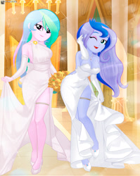 Size: 1121x1410 | Tagged: safe, artist:charliexe, imported from derpibooru, princess celestia, princess luna, equestria girls, alternate hairstyle, bride, clothes, cute, cutelestia, dress, duo, duo female, evening gloves, eyeshadow, female, flower, gloves, high heels, jewelry, long gloves, lunabetes, makeup, marriage, necklace, one eye closed, open mouth, principal celestia, royal sisters, shoes, siblings, sisters, vice principal luna, wedding, wedding dress, wink