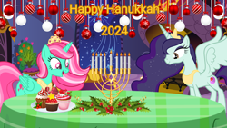 Size: 3464x1948 | Tagged: safe, artist:lizzmcclin, imported from derpibooru, 2024, cupcake, food, hanukkah, holiday, judaism, menorah