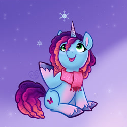 Size: 2048x2048 | Tagged: safe, artist:horse-time-babey, imported from derpibooru, pony, unicorn, clothes, coat markings, female, g5, horn, looking up, mare, misty brightdawn, purple background, rebirth misty, scarf, simple background, smiling, snow, snowfall, solo, unshorn fetlocks