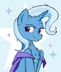 Size: 808x944 | Tagged: safe, artist:sallycars, imported from derpibooru, trixie, unicorn, cape, chest fluff, clothes, female, grin, horn, looking at you, mare, simple background, smiling, smiling at you, smirk, smug, solo, trixie day, trixie's cape, white background