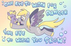 Size: 2048x1316 | Tagged: safe, artist:tabbi, imported from derpibooru, derpy hooves, dinky hooves, pegasus, pony, unicorn, bubble, cute, equestria's best mother, female, flying, gradient background, horn, mare, my little pony, rainbow background, smiling, text, unshorn fetlocks