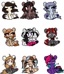 Size: 3954x4629 | Tagged: safe, artist:sexygoatgod, imported from derpibooru, oc, oc only, cyborg, earth pony, pegasus, pony, unicorn, zebra, adoptable, bandana, bracelet, chibi, clothes, crying, female, flower, flower in hair, hoofless socks, horn, jewelry, necklace, socks