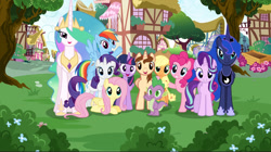 Size: 1206x677 | Tagged: safe, artist:bubbacheezit, imported from derpibooru, applejack, fluttershy, pinkie pie, princess celestia, princess luna, rainbow dash, rarity, spike, starlight glimmer, twilight sparkle, oc, oc:caleb, female, male, mane six