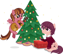 Size: 1920x1668 | Tagged: safe, artist:limedazzle, imported from derpibooru, oc, oc only, oc:allen, oc:katherine, earth pony, pegasus, pony, christmas, christmas tree, female, filly, foal, guitar, holiday, male, musical instrument, simple background, stallion, transparent background, tree