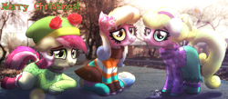 Size: 5910x2586 | Tagged: safe, artist:yourboimario, imported from derpibooru, daisy, flower wishes, lily, lily valley, roseluck, earth pony, pony, :p, alternate universe, clothes, flower, flower trio, high res, irl, looking at you, photo, ponies in real life, ponytail, short hair, tongue out