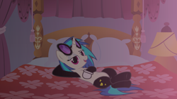 Size: 1920x1080 | Tagged: safe, artist:epicheavytf2, artist:pyrogaming, imported from derpibooru, dj pon-3, vinyl scratch, pony, unicorn, bed, bedroom, bedroom eyes, bedsheets, canopy bed, clothes, curtains, female, glasses, gloves, heart, heart eyes, horn, interior, lamp, latex, looking at you, lust, lying down, mare, night, open mouth, pillow, sexy, smiling, solo, sultry pose, underlust, vinyl's glasses, waiting, wingding eyes