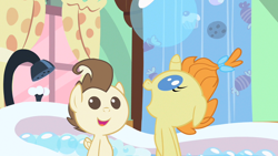 Size: 1280x720 | Tagged: safe, imported from derpibooru, screencap, pound cake, pumpkin cake, pegasus, pony, unicorn, baby cakes, season 2, amazed, baby, baby pony, bath, bath time, bathing, bathroom, bathtub, big eyes, bow, brother and sister, bubble, cake twins, cute, delighted, female, hair bow, horn, male, moments before disaster, my little pony, pumpkinbetes, shower curtain, siblings, sugarcube corner, sugarcube corner (interior), twins