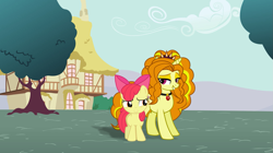 Size: 1599x897 | Tagged: artist needed, safe, anonymous artist, artist:dipi11, artist:mit-boy, artist:tomfraggle, imported from derpibooru, adagio dazzle, apple bloom, earth pony, pony, unicorn, adagbloom, adorabloom, apple bloom's bow, bow, crack shipping, cute, duo, eyeshadow, female, filly, foal, gem, grin, hair bow, horn, house, lesbian, lidded eyes, looking at each other, looking at someone, makeup, mare, ponified, ponyville, shipping, siren gem, smiling, smiling at each other, tree, unicorn adagio dazzle