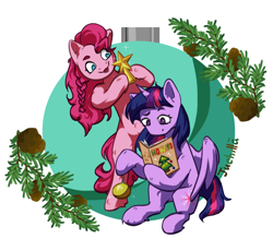 Size: 1760x1620 | Tagged: safe, artist:ju4111a, imported from derpibooru, pinkie pie, twilight sparkle, alicorn, earth pony, pony, alicorn wings, book, christmas, christmas ornament, decoration, duo, duo female, eyebrows, female, holding, holiday, horn, looking at each other, looking at someone, looking at something, mare, pine tree, raised eyebrow, raised hoof, simple background, sitting, smiling, smiling at someone, sparkles, standing on two hooves, stars, toy, tree, tree branch, twilight sparkle (alicorn), wings