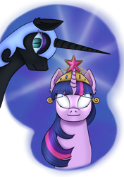 Size: 2048x2905 | Tagged: safe, artist:theedgyduck, imported from derpibooru, part of a set, nightmare moon, twilight sparkle, alicorn, unicorn, series:leechlord draws every episode, friendship is magic, armor, big crown thingy, colored eyelashes, crown, element of magic, ethereal mane, female, glowing, glowing eyes, helmet, horn, jewelry, mare, my little pony, part of a series, regalia, simple background, slit pupils, transparent background, twilight sparkle glowing eyes, unicorn twilight, white eyes