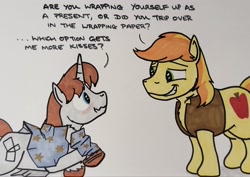 Size: 2048x1450 | Tagged: safe, artist:hoofclid, imported from derpibooru, braeburn, oc, oc:hoofclid, earth pony, pony, unicorn, blushing, canon x oc, christmas, dialogue, duo, duo male, gay, grin, holiday, horn, lidded eyes, looking at each other, looking at someone, male, marker drawing, smiling, stallion, traditional art, wavy mouth, wrapping paper