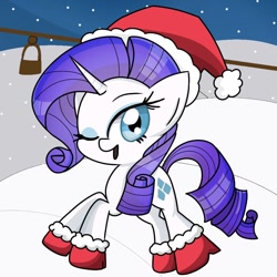 Size: 1000x1000 | Tagged: safe, artist:cozylavender234, imported from derpibooru, rarity, christmas, hat, holiday, redraw, santa hat, snow