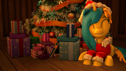 Size: 3840x2160 | Tagged: safe, artist:zippysparkz, oc, oc only, oc:electric sparkz, pony, 3d, christmas, christmas sweater, clothes, eyes closed, female, holiday, lying down, mare, solo, sweater