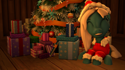 Size: 3840x2160 | Tagged: safe, artist:zippysparkz, oc, oc only, oc:stormy seas, pony, 3d, christmas, christmas sweater, clothes, eyes closed, female, holiday, lying down, mare, solo, sweater