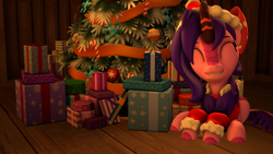 Size: 3840x2160 | Tagged: safe, artist:zippysparkz, oc, oc only, oc:berry harvest, kirin, christmas, christmas sweater, clothes, eyes closed, female, holiday, kirin oc, lying down, mare, solo, sweater