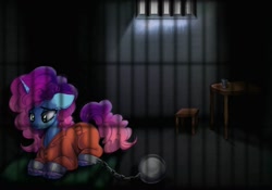 Size: 1381x967 | Tagged: safe, artist:pozya1007, imported from derpibooru, pony, unicorn, ball and chain, clothes, commissioner:rainbowdash69, female, g5, horn, indoors, mare, misty brightdawn, never doubt rainbowdash69's involvement, prison outfit, prisoner, prisoner misty, rebirth misty, sad, shackles, solo