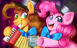 Size: 2947x1832 | Tagged: safe, artist:pozya1007, imported from derpibooru, cheese sandwich, pinkie pie, earth pony, pony, pinkie pride, accordion, bowtie, complex background, cute, duo, duo male and female, ear fluff, female, grin, hat, looking at you, male, mare, microphone, musical instrument, my little pony, open mouth, open smile, redraw, smiling, stallion, underhoof