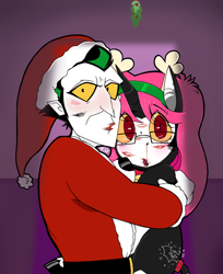 Size: 1200x1467 | Tagged: safe, artist:dsstoner, imported from derpibooru, oc, human, pony, unicorn, animal costume, blood, blushing, caught, christmas, clothes, costume, dc comics, duo, female, holiday, horn, kiss mark, lipstick, makeup, male, mare, mistleholly, nosebleed, reindeer costume, santa costume, shipping, the joker