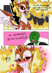 Size: 640x906 | Tagged: safe, artist:anonymous, imported from derpibooru, daybreaker, oc, oc:anon, alicorn, human, pony, 3 panel comic, :t, bashful, blushing, colored, comic, cute, dialogue, drawthread, exclamation point, fangs, heart, human oc, ponified, ponified manga, requested art