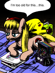 Size: 700x927 | Tagged: safe, artist:mod wit, imported from derpibooru, princess celestia, oc, pikachu, anagram, apple juice, askbananaswit, blanket, coloring, coloring book, crayon, crayon box, drink, drinking, drinking straw, fed up, juice, juice box, lying down, mouth hold, pokémon, prone, rainbow power, straw