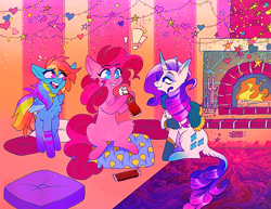 Size: 1943x1500 | Tagged: safe, artist:ayyolilikoi, imported from derpibooru, pinkie pie, rainbow dash, rarity, earth pony, pegasus, pony, unicorn, bottle, christmas, decoration, female, fire, fireplace, holiday, hoof hold, horn, leonine tail, mare, open mouth, open smile, pillow, sitting, smiling, soda bottle, tail, trio