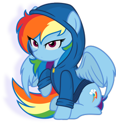 Size: 2149x2295 | Tagged: safe, artist:godoffury, imported from derpibooru, rainbow dash, pegasus, pony, backwards cutie mark, clothes, female, hoodie, mare, raised hoof, sitting, solo