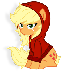 Size: 2000x2342 | Tagged: safe, artist:godoffury, imported from derpibooru, applejack, earth pony, pony, absurd resolution, clothes, female, freckles, hoodie, loose hair, mare, messy mane, simple background, sitting, solo, transparent background, vector