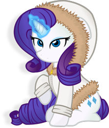 Size: 1573x1850 | Tagged: safe, artist:godoffury, imported from derpibooru, rarity, pony, unicorn, clothes, eyeshadow, female, glowing, glowing horn, hoodie, horn, jacket, magic, magic aura, makeup, mare, parka, raised hoof, simple background, sitting, solo, transparent background, winter outfit