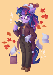 Size: 4604x6424 | Tagged: safe, artist:saxopi, imported from derpibooru, twilight sparkle, alicorn, semi-anthro, arm hooves, clothes, coffee, female, glasses, jacket, leaves, looking at you, missing horn, pants, solo, suit, twilight sparkle (alicorn)