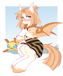 Size: 1702x2048 | Tagged: safe, artist:cheekipone, oc, oc only, oc:honey milk, bat pony, pony, bat pony oc, bat wings, blushing, bracelet, clothes, ear tufts, fangs, female, freckles, frills, hairclip, hoodie, jewelry, mare, minecraft bee, passepartout, plushie, raised hoof, sitting, skirt, socks (coat markings), solo, spread wings, two toned mane, two toned tail, unshorn fetlocks, wingding eyes, wings