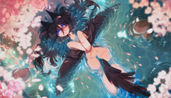 Size: 5000x2856 | Tagged: safe, artist:tyutya, imported from derpibooru, oc, oc only, pegasus, pony, female, floating, mare, partially submerged, petals, spread wings, water, wings