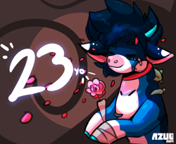 Size: 1400x1150 | Tagged: safe, artist:azulejo, imported from derpibooru, oc, oc:blue bandit, bull, birthday, bovine, damaged, flower, petals, simple background, smiling