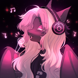 Size: 2079x2079 | Tagged: safe, artist:tyutya, imported from derpibooru, oc, oc only, bat pony, pony, bat wings, bust, clothes, eyes closed, fangs, female, freckles, headphones, jewelry, mare, microphone, necklace, open mouth, singing, solo, wings