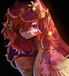 Size: 2429x2667 | Tagged: safe, artist:tyutya, imported from derpibooru, oc, oc only, pegasus, pony, abstract background, bust, female, flower, flower in hair, mare, solo, veil