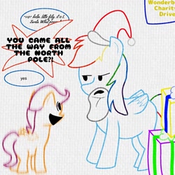 Size: 1280x1280 | Tagged: safe, artist:anonymous, imported from derpibooru, scootaloo, pegasus, christmas, clothes, costume, excited, hat, holiday, present, santa beard, santa claus, santa costume, santa hat, speech, speech bubble, talking, wonderbolts