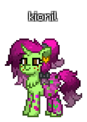 Size: 216x304 | Tagged: safe, artist:princess ice color twinkle, imported from derpibooru, oc, oc:kionil, pony, unicorn, pony town, chest hair, clothes, ear accessory, female, freckles, green skin, horn, mare, ponytail, purple mane, purple tail, tail