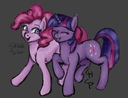 Size: 1191x914 | Tagged: safe, artist:chunk_spunk, imported from derpibooru, pinkie pie, twilight sparkle, earth pony, pony, unicorn, duo, duo female, female, gray background, horn, looking at each other, looking at someone, simple background, smiling, smiling at each other, unicorn twilight