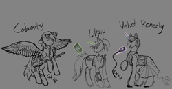 Size: 2093x1080 | Tagged: safe, artist:chunk_spunk, imported from derpibooru, oc, oc only, oc:calamity, oc:littlepip, oc:velvet remedy, pegasus, pony, unicorn, fallout equestria, battle saddle, clothes, cowboy hat, dress, gray background, gun, hat, horn, jumpsuit, microphone, pipbuck, simple background, trio, vault suit, weapon