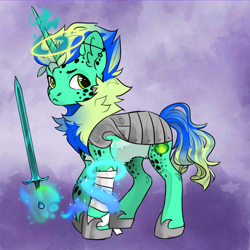 Size: 1024x1024 | Tagged: safe, imported from derpibooru, unicorn, armor, avatar maker fantasy pony, frown, glowing, glowing horn, green skin, hoof shoes, horn, male, oc name needed, stallion, sword, tail, two toned mane, two toned tail, weapon