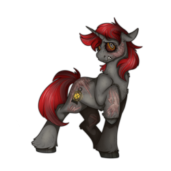 Size: 2300x2300 | Tagged: safe, alternate version, artist:molars, imported from derpibooru, oc, oc only, oc:willow wisp, pony, unicorn, fallout equestria, ashes town, commission, ghoul eyes, gritted teeth, horn, lifted foreleg, radiation, radiation burns, raised hoof, semi ghoul, solo, teeth, unshorn fetlocks