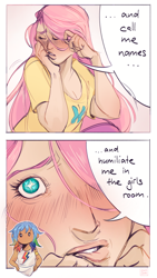 Size: 1500x2666 | Tagged: safe, artist:chimchiri, imported from derpibooru, fluttershy, rainbow dash, human, blush lines, blushing, close-up, comic, dialogue, duo, duo female, female, female focus, femsub, flutterdash, fluttersub, hair over one eye, heart, heart eyes, humanized, lesbian, light skin, shipping, solo, solo female, solo focus, speech bubble, submissive, tan skin, wingding eyes