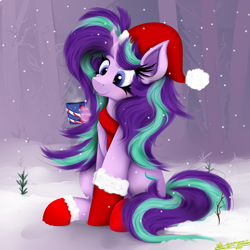 Size: 4000x4000 | Tagged: safe, artist:ser-p, imported from derpibooru, starlight glimmer, pony, unicorn, absurd resolution, christmas, clothes, female, forest, glowing, glowing horn, hat, holiday, horn, levitation, magic, magic aura, mare, mug, nature, outdoors, santa hat, scarf, smiling, snow, socks, solo, telekinesis, tree, winter