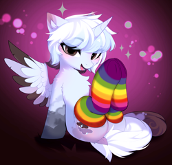 Size: 3527x3385 | Tagged: safe, alternate version, artist:empress-twilight, imported from derpibooru, oc, oc only, oc:stormy skies, alicorn, pony, alicorn oc, blushing, brown eyes, bushy tail, butt fluff, cheek fluff, chest fluff, clothes, coat markings, colored eartips, colored wings, colored wingtips, commission, dock, dock fluff, ear fluff, eye clipping through hair, eyebrows, eyebrows visible through hair, eyelashes, feathered wings, female, floppy ears, gradient background, high res, horn, leg markings, long tail, looking at you, mare, multicolored tail, one wing out, open mouth, open smile, rainbow socks, raised leg, short mane, shoulder fluff, sitting, smiling, smiling at you, socks, solo, sparkles, striped socks, tail, thick eyelashes, thin, three toned wings, two toned mane, two toned wingtips, underhoof, unicorn horn, white coat, white mane, white tail, wings, ych result