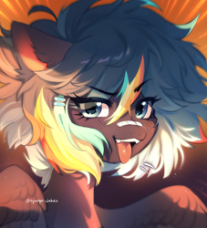 Size: 2345x2583 | Tagged: safe, artist:tyutya, imported from derpibooru, oc, oc only, pegasus, pony, abstract background, band-aid on nose, bandaid, ear fluff, fangs, female, hairclip, looking at you, mare, solo, tongue out, wings