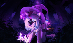 Size: 5000x2996 | Tagged: safe, artist:tyutya, imported from derpibooru, oc, oc only, kirin, pony, dark background, dark forest, female, forest, forest background, hat, kirin oc, mare, moon, mushroom, nature, outdoors, potion, solo, tree